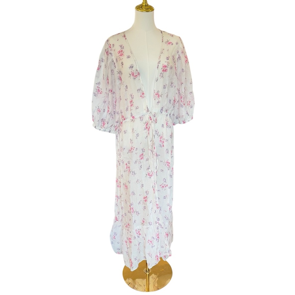 Vince Camuto White Floral Swim Coverup with Pink Accents